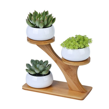 Set of 3 pots on a bamboo shelf